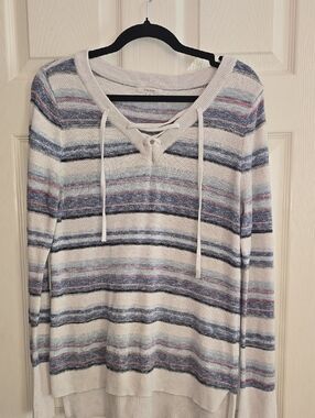 Maurices Lace-Up V-Neck Striped Sweater in Cream, Blue and Pink